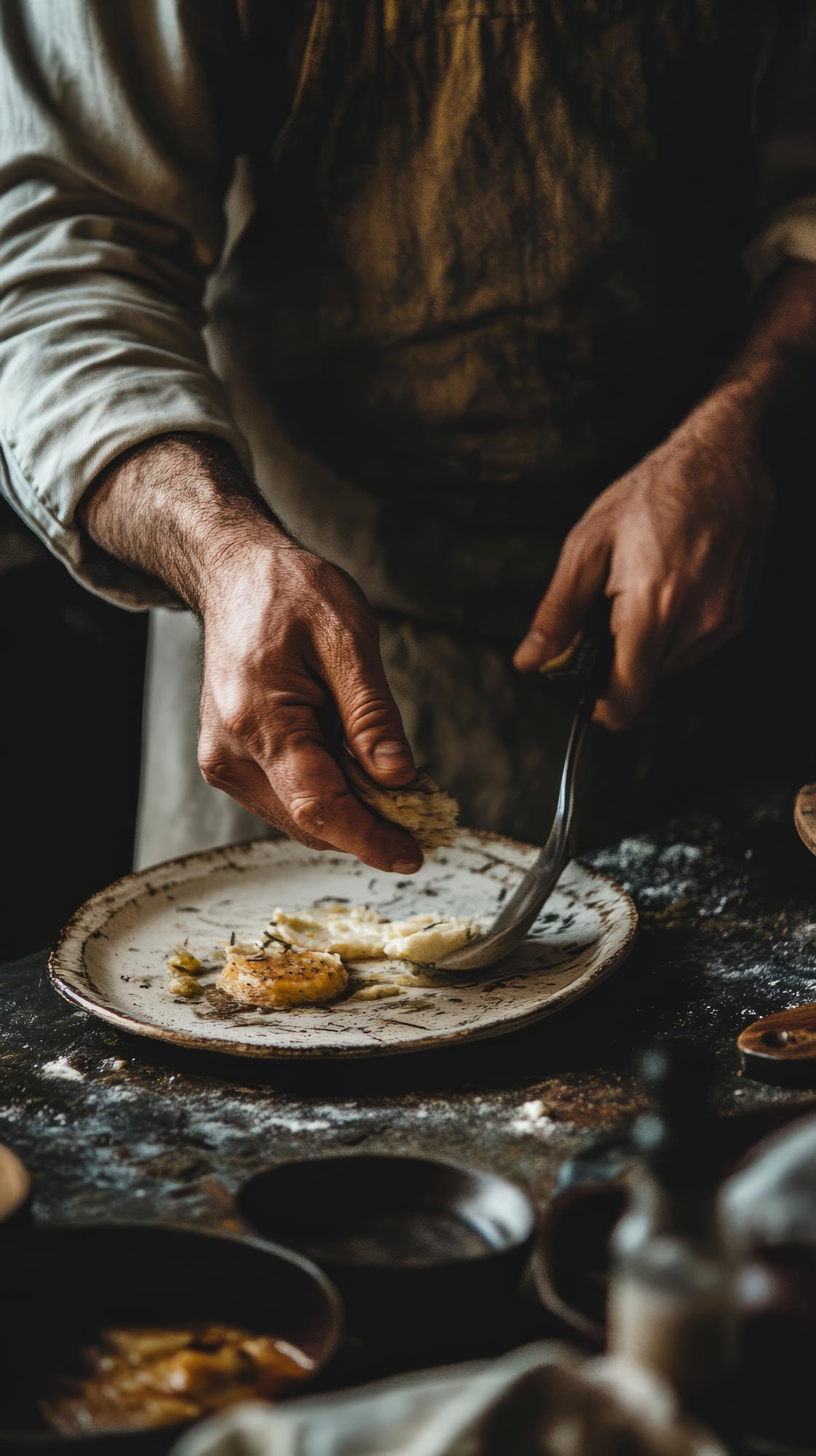 Chef arranging a plated dish on wooden table